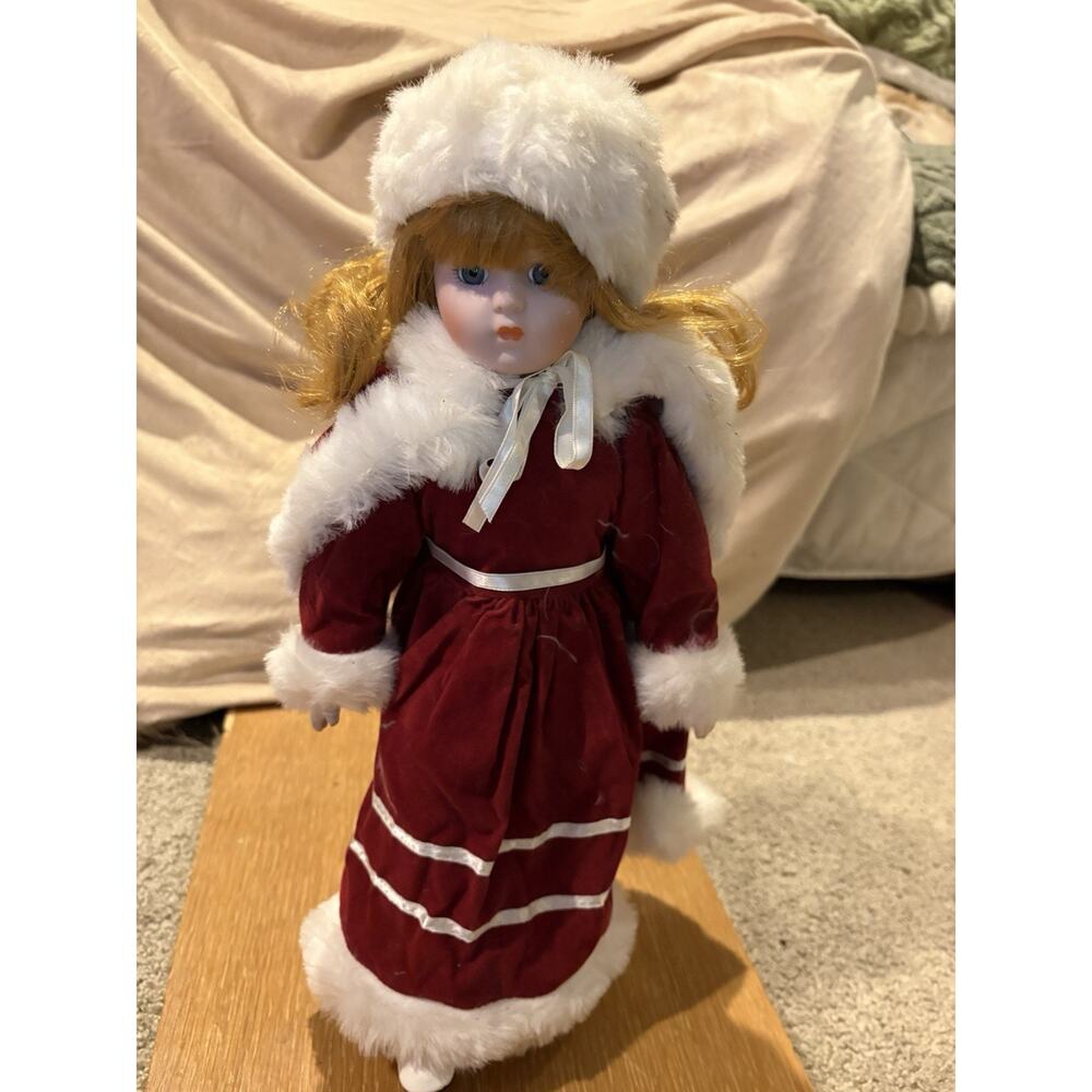 Vintage Porcelain Doll | Blonde Curls Blue Eyes | Hat & Cape | 16" | FREE GIFT